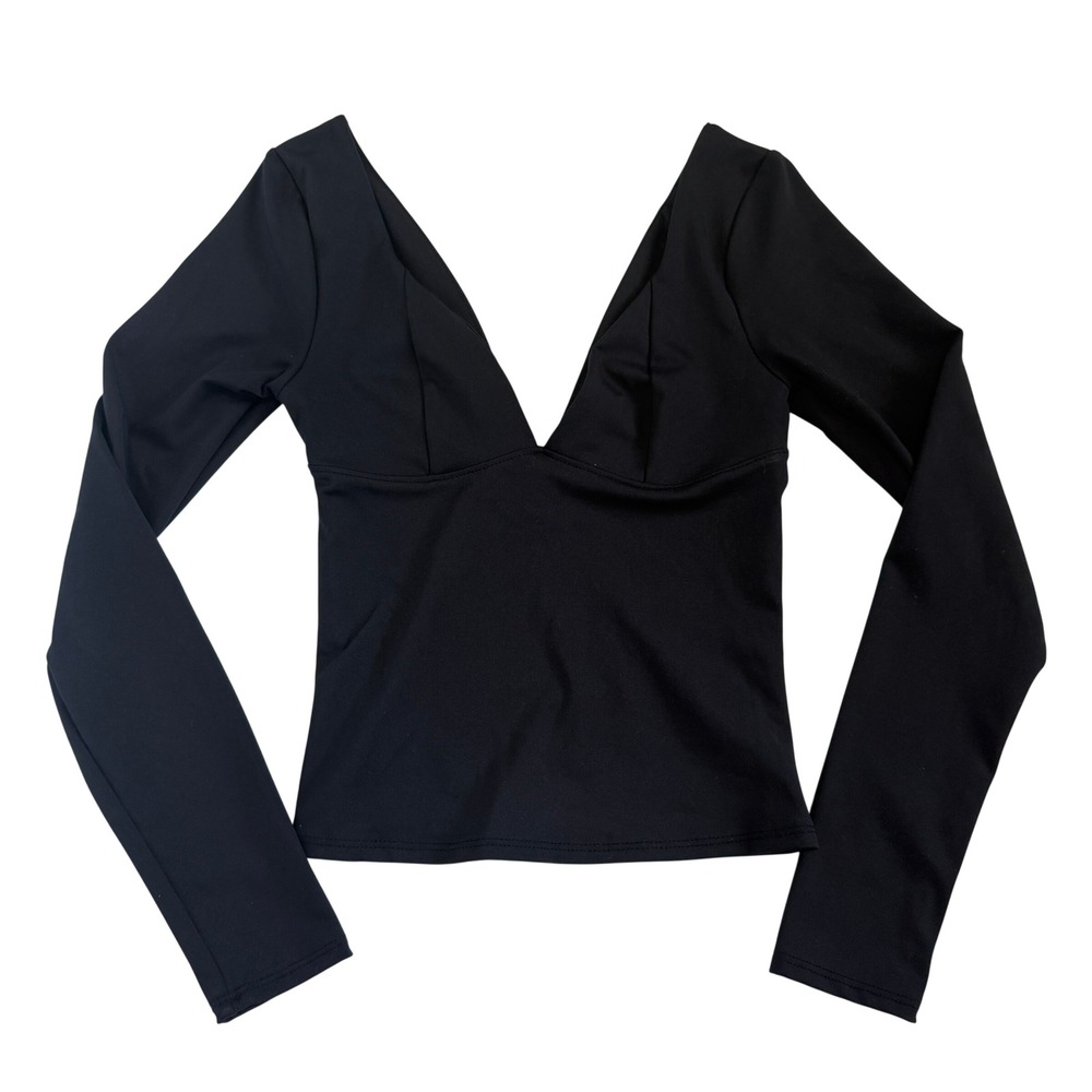 Gaze Womens Black Deep V-Neck Long Sleeve Top XS